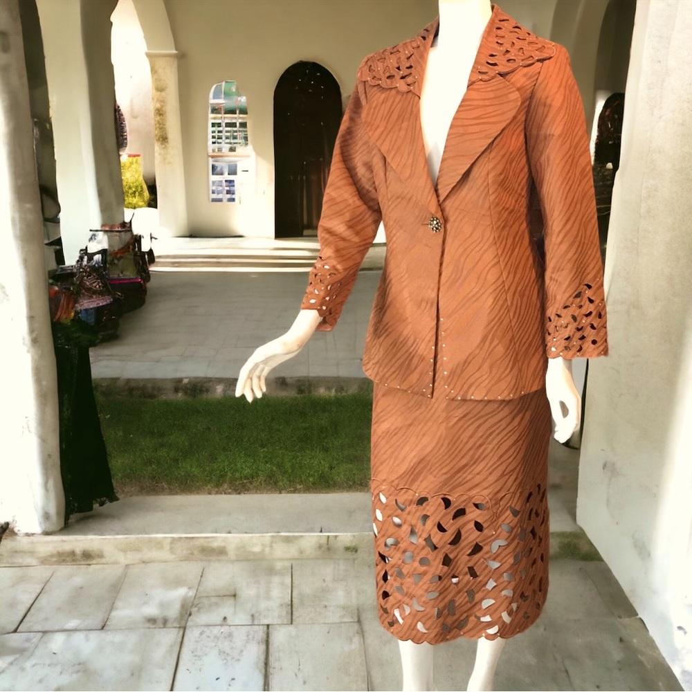 Embellished Animal Print Faux Suede Laser Cut Blazer & Skirt Matching Set - Picture 2 of 16